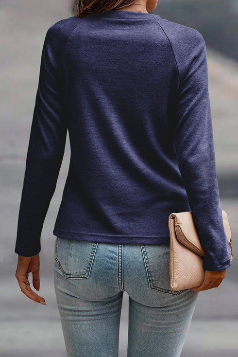 Raglan Long Sleeve Exposed Seam Detail Relaxed Fit Crew Neck Top